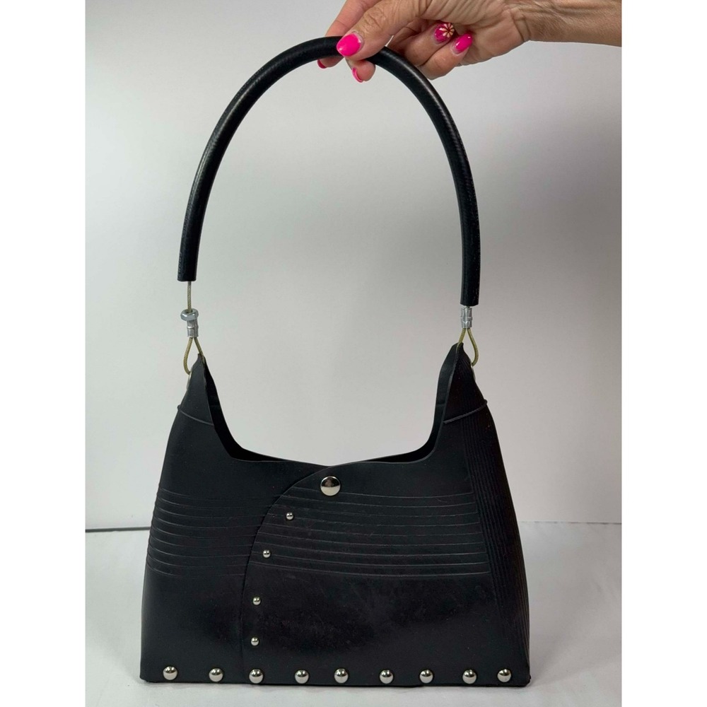 Upcycled Black Rubber Tire Shoulder Bag Recycled Industrial Rivet Punk